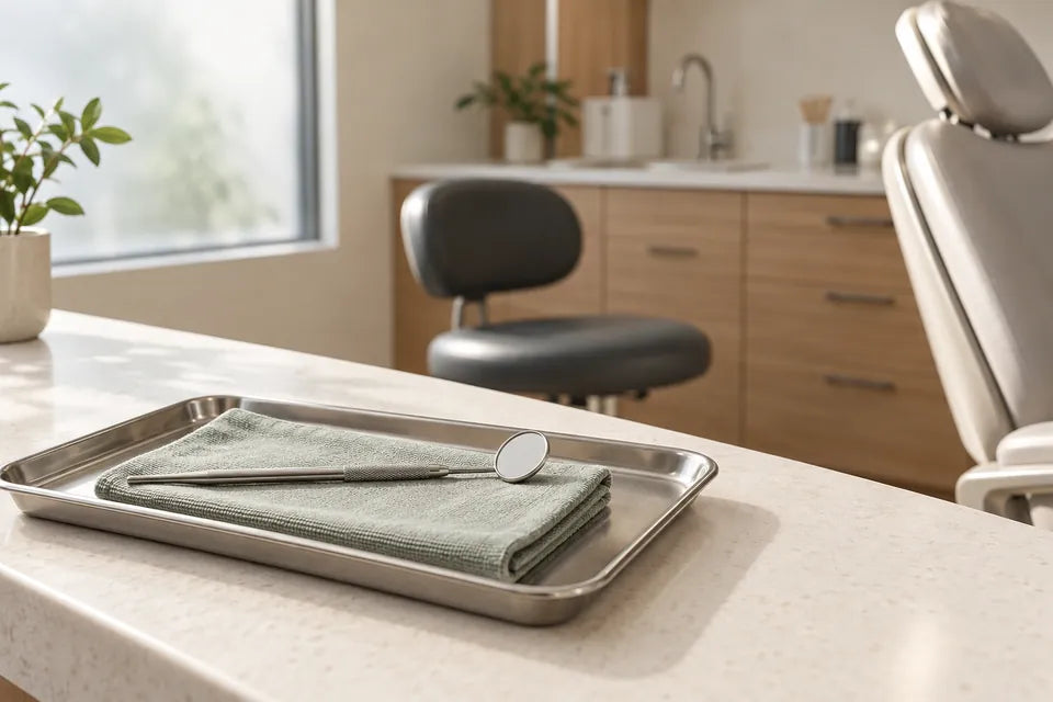 A dental mirror and instruments on a tray in a bright, calm clinical workspace.