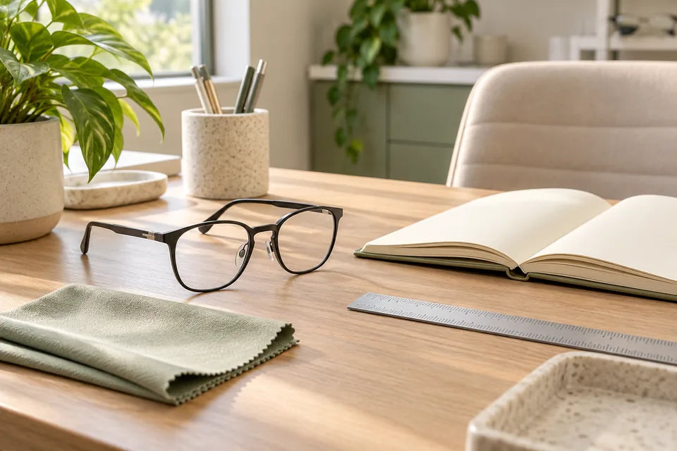 An optical consultation desk with a frame, notebook, measuring tools, and lens cloth.